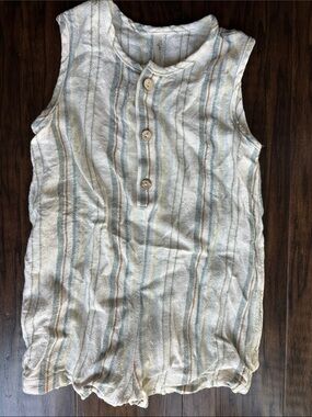 Rylee + Cru Cream Sleeveless Striped Romper with Blue and Tan Lines